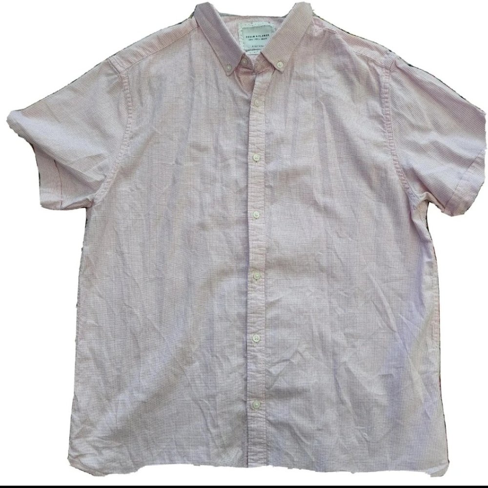 Denim Flower Cotton Button Down Short Sleeve Floral Slim Fit Shirt Size Large